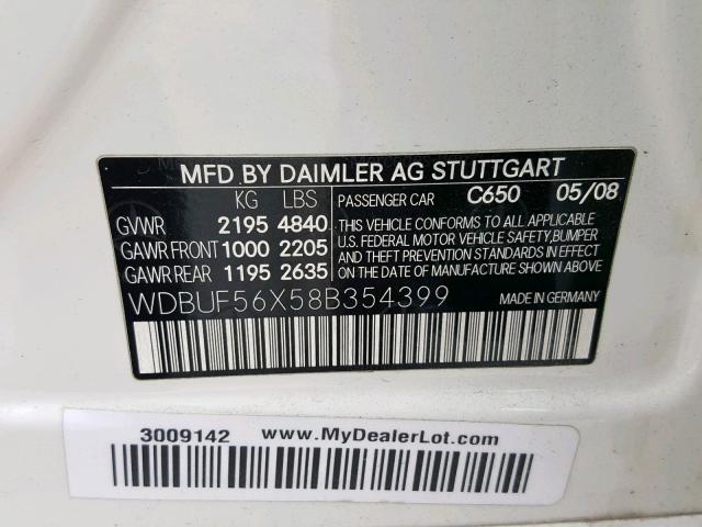 WDBUF56X58B354399 - 2008 MERCEDES-BENZ E 350 WHITE photo 10