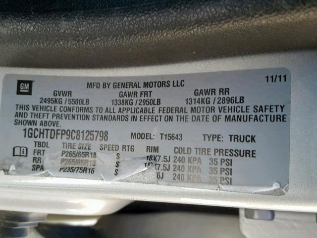 1GCHTDFP9C8125798 - 2012 CHEVROLET COLORADO L SILVER photo 10