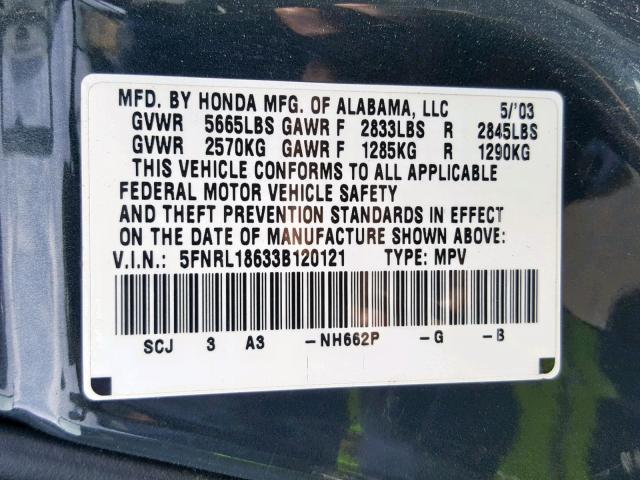 5FNRL18633B120121 - 2003 HONDA ODYSSEY EX BLUE photo 10