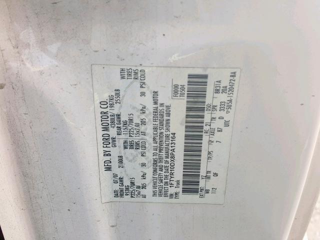 1FTYR10DX8PA13164 - 2008 FORD RANGER WHITE photo 10