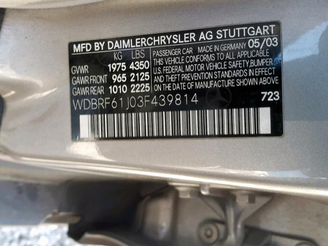 WDBRF61J03F439814 - 2003 MERCEDES-BENZ C 240 SILVER photo 10