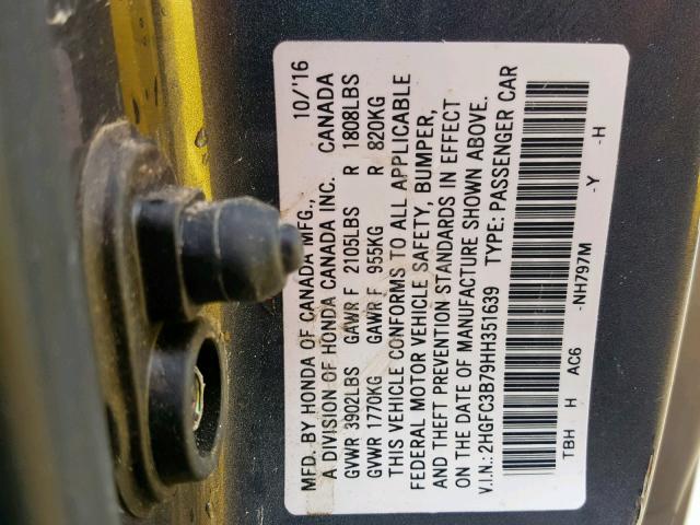 2HGFC3B79HH351639 - 2017 HONDA CIVIC EXL GRAY photo 10