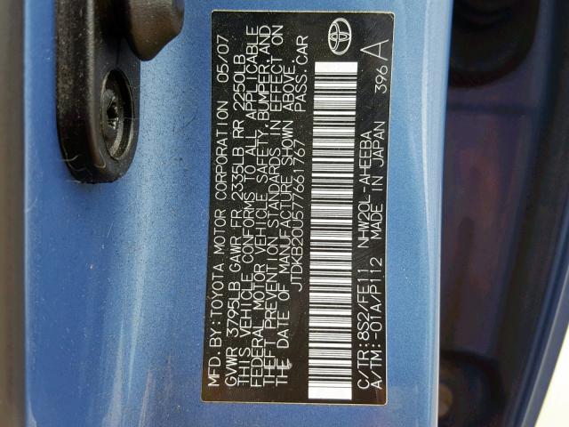 JTDKB20U577661767 - 2007 TOYOTA PRIUS BLUE photo 10