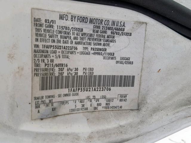 1FAFP55U21A223706 - 2001 FORD TAURUS SES WHITE photo 10