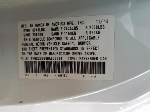 1HGCS2B80BA003694 - 2011 HONDA ACCORD EXL  photo 10