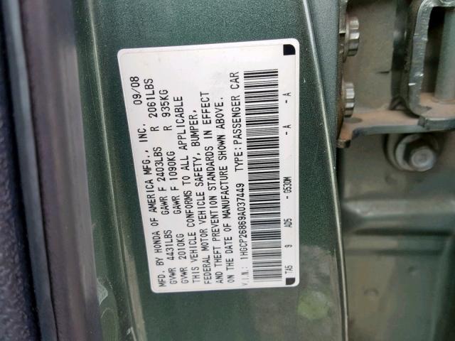 1HGCP26869A037449 - 2009 HONDA ACCORD EXL GREEN photo 10