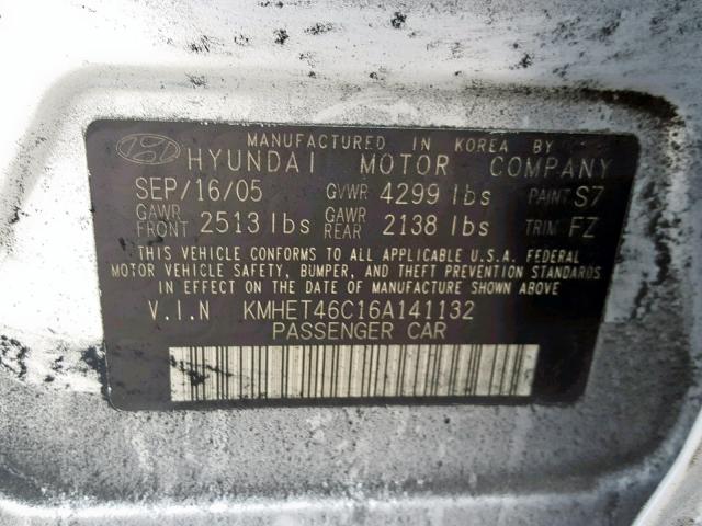 KMHET46C16A141132 - 2006 HYUNDAI SONATA GL SILVER photo 10