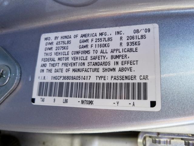 1HGCP36809A051417 - 2009 HONDA ACCORD EXL  photo 10