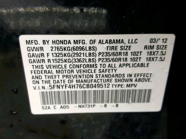 5FNYF4H76CB049512 - 2012 HONDA PILOT EXLN BLACK photo 10