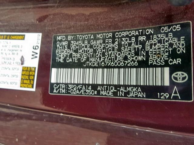 JTKDE167X60067266 - 2006 TOYOTA SCION TC ბურგუნდია ფოტო 10