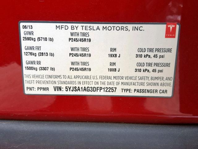 5YJSA1AG3DFP12257 - 2013 TESLA MODEL S RED photo 10