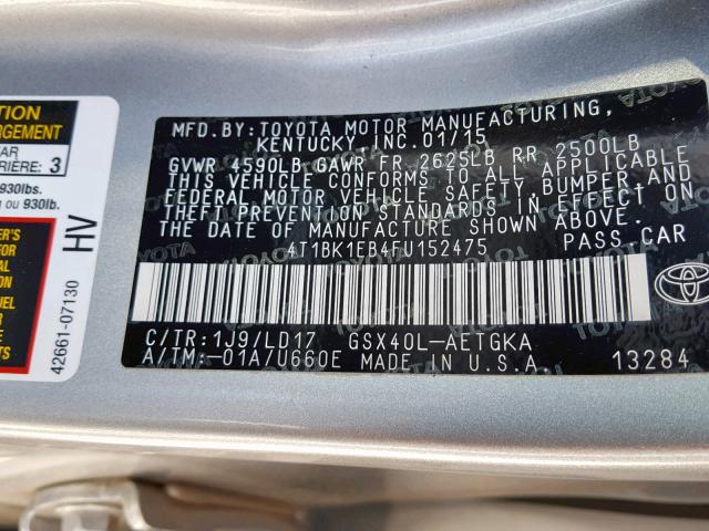 4T1BK1EB4FU152475 - 2015 TOYOTA AVALON XLE SILVER photo 10
