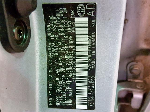 2T1BR32E06C674317 - 2006 TOYOTA COROLLA CE SILVER photo 10