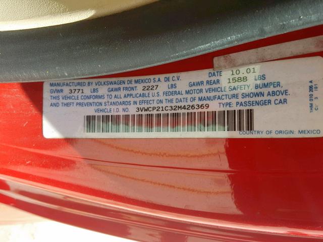 3VWCP21C32M426369 - 2002 VOLKSWAGEN NEW BEETLE Rot Foto 10