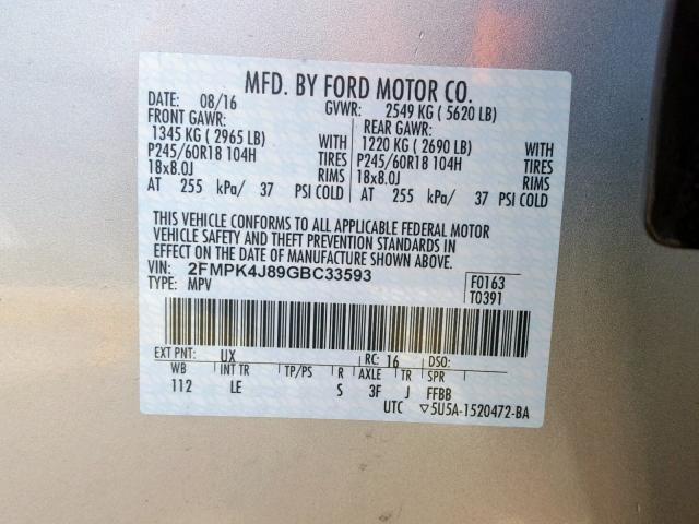 2FMPK4J89GBC33593 - 2016 FORD EDGE SEL SILVER photo 10