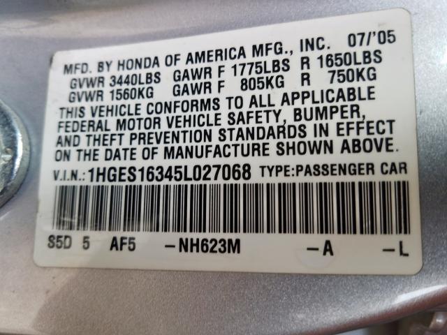 1HGES16345L027068 - 2005 HONDA CIVIC DX VP  photo 10