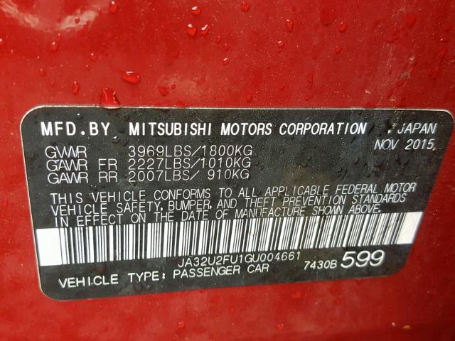 JA32U2FU1GU004661 - 2016 MITSUBISHI LANCER ES RED photo 10