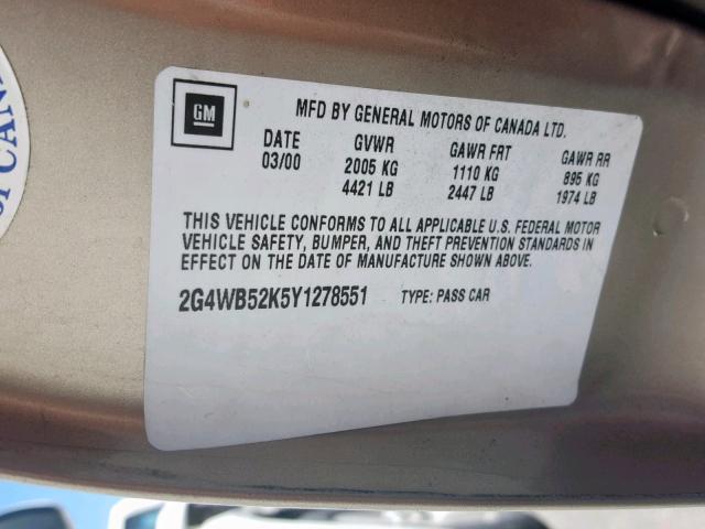 2G4WB52K5Y1278551 - 2000 BUICK REGAL LS TAN photo 10