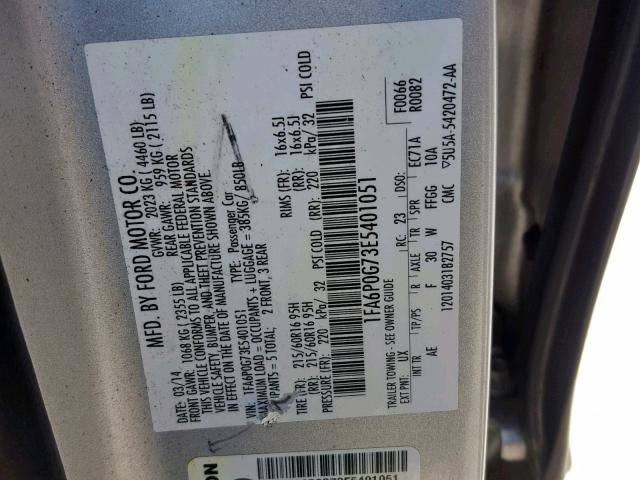 1FA6P0G73E5401051 - 2014 FORD FUSION S SILVER photo 10