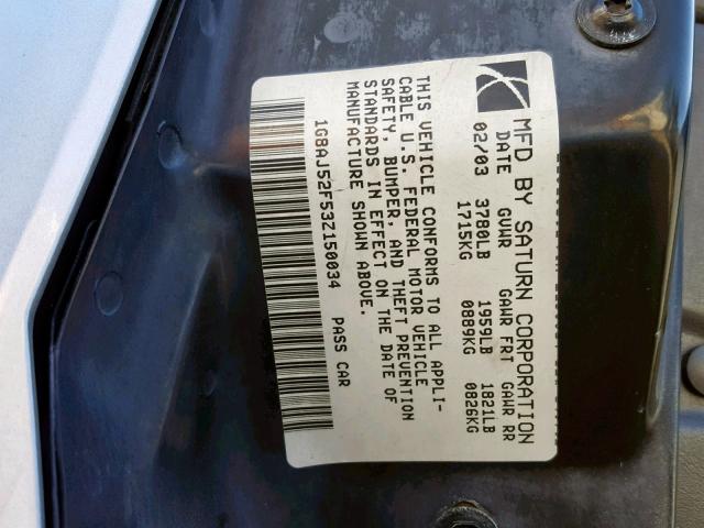 1G8AJ52F53Z150034 - 2003 SATURN ION LEVEL SILVER photo 10