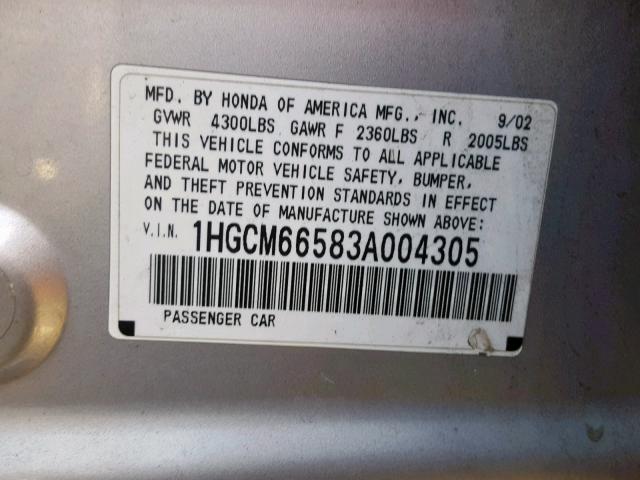 1HGCM66583A004305 - 2003 HONDA ACCORD SILVER photo 10