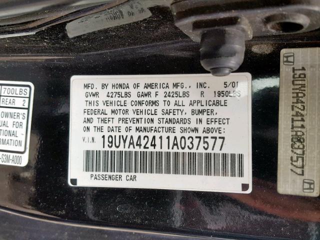 19UYA42411A037577 - 2001 ACURA 3.2 CL BLACK photo 10