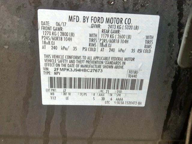 2FMPK3J94HBC27673 - 2017 FORD EDGE SEL GRAY photo 10