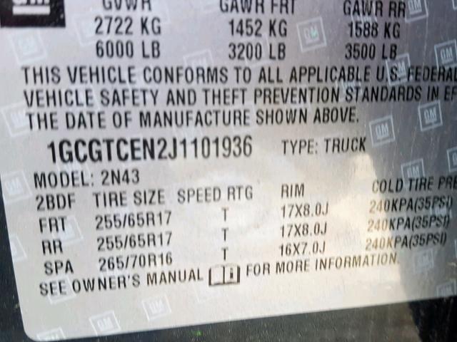 1GCGTCEN2J1101936 - 2018 CHEVROLET COLORADO L GRAY photo 10