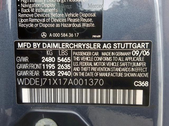 WDDEJ71X17A001370 - 2007 MERCEDES-BENZ CL 550 GRAY photo 10