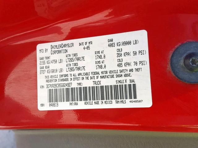 3D7KR28C85G824927 - 2005 DODGE RAM 2500 S 红色 照片 10
