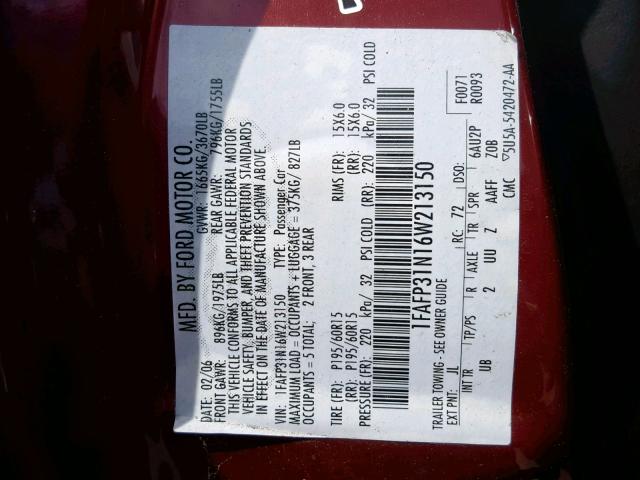 1FAFP31N16W213150 - 2006 FORD FOCUS ZX3 BURGUNDY photo 10