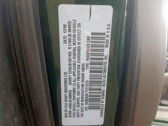 4S3BE6357Y7212224 - 2000 SUBARU LEGACY L GREEN photo 10