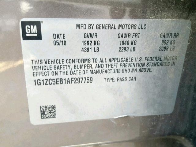 1G1ZC5EB1AF297759 - 2010 CHEVROLET MALIBU 1LT CHARCOAL photo 10