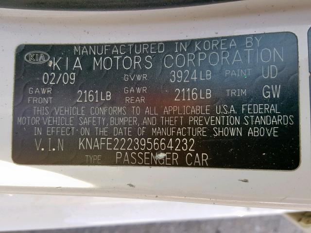 KNAFE222395664232 - 2009 KIA SPECTRA EX WHITE photo 10