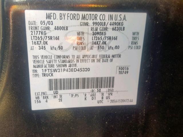 1FTSW31P43ED45320 - 2003 FORD F350 SRW S BLACK photo 10