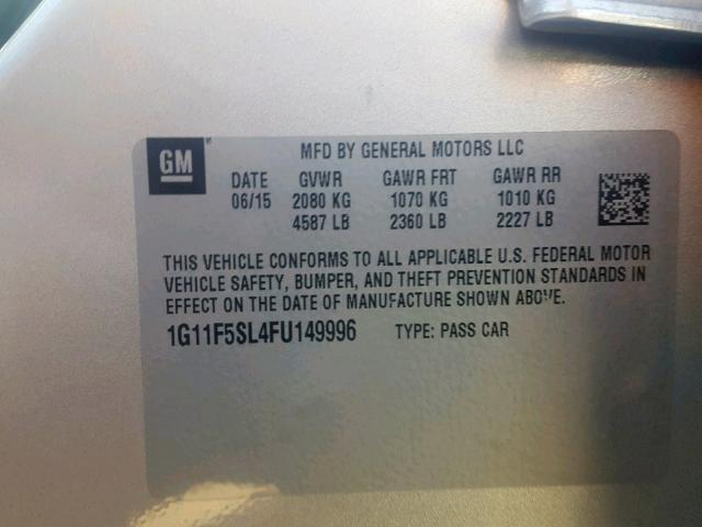 1G11F5SL4FU149996 - 2015 CHEVROLET MALIBU LTZ ვერცხლისფერი ფოტო 10