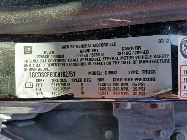 1GCDSCFE0C8162751 - 2012 CHEVROLET COLORADO L BLACK photo 10