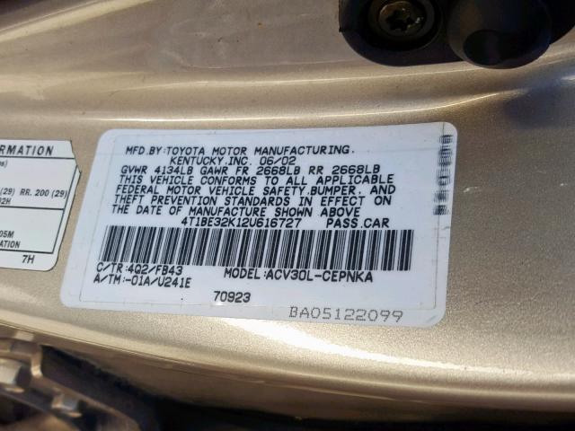 4T1BE32K12U616727 - 2002 TOYOTA CAMRY LE SILVER photo 10