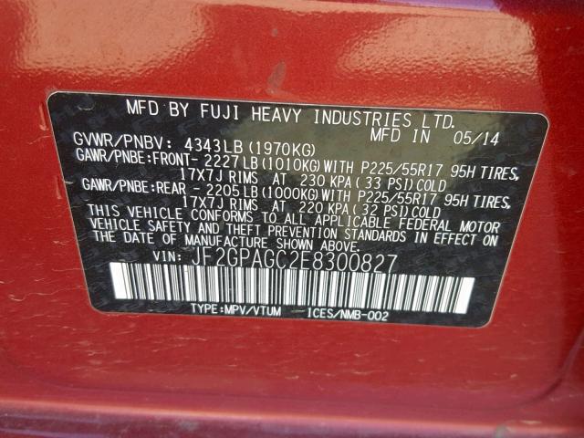 JF2GPAGC2E8300827 - 2014 SUBARU XV CROSSTR RED photo 10