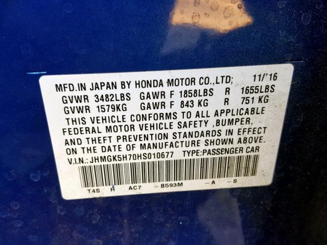 JHMGK5H70HS010677 - 2017 HONDA FIT EX BLUE photo 10