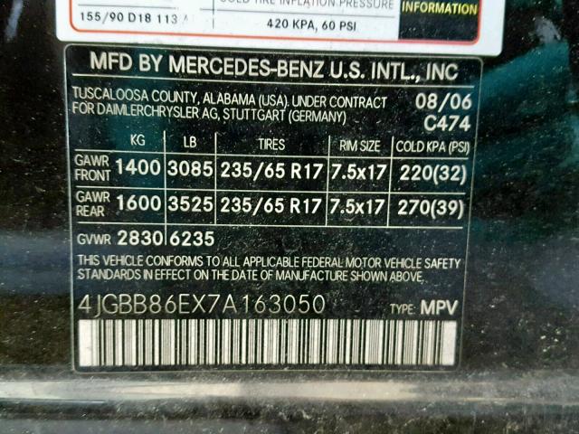 4JGBB86EX7A163050 - 2007 MERCEDES-BENZ ML 350 BLACK photo 10