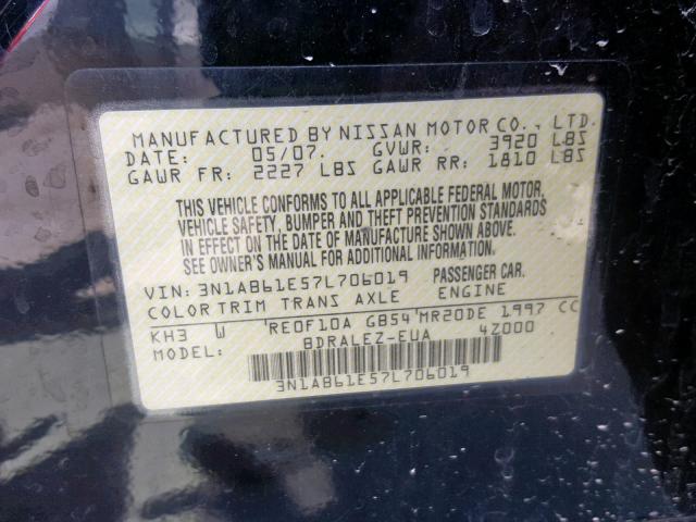 3N1AB61E57L706019 - 2007 NISSAN SENTRA 2.0 BLACK photo 10