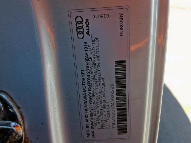 TRUWF28N741028369 - 2004 AUDI TT 3.2 QUA SILVER photo 10