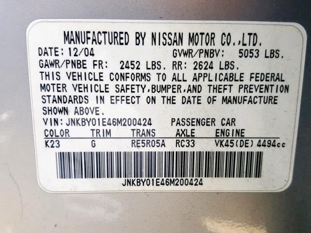 JNKBY01E46M200424 - 2006 INFINITI M45 BASE SILVER photo 10