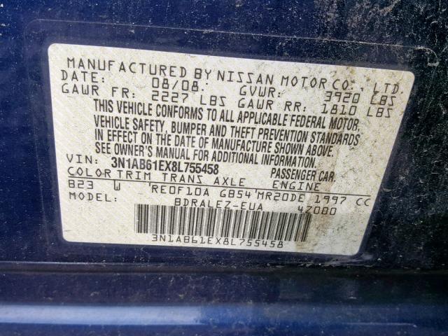 3N1AB61EX8L755458 - 2008 NISSAN SENTRA 2.0 BLUE photo 10