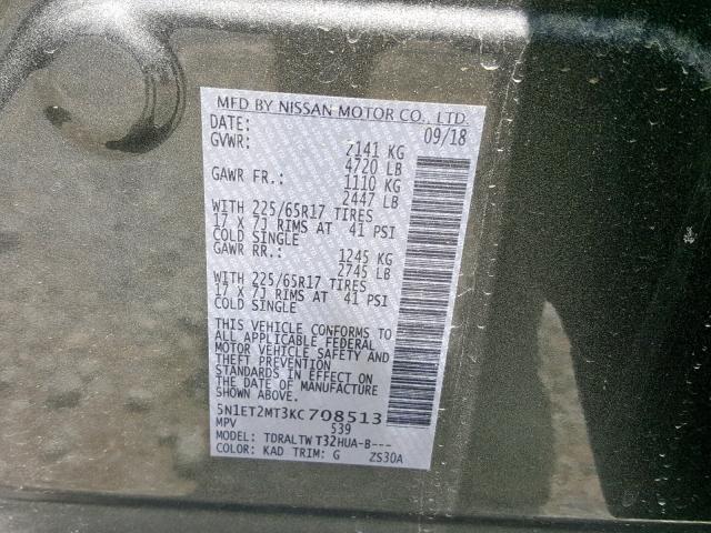 5N1ET2MT3KC708513 - 2019 NISSAN ROGUE SV H SILVER photo 10