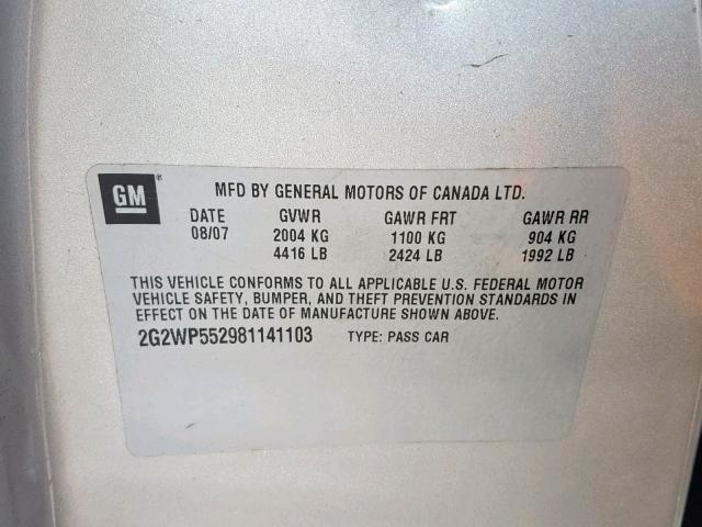 2G2WP552981141103 - 2008 PONTIAC GRAND PRIX SILVER photo 10