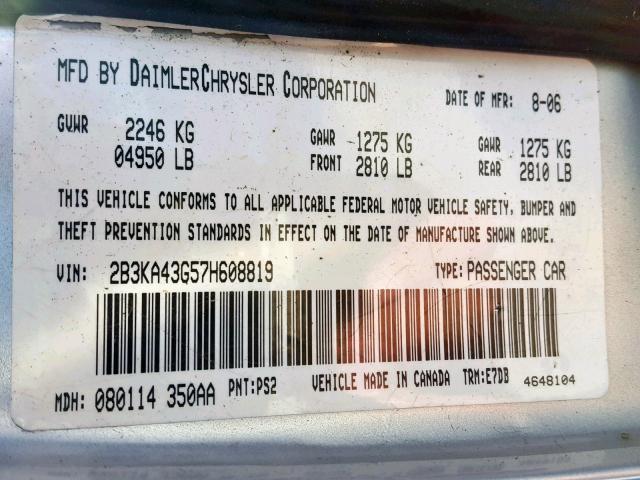 2B3KA43G57H608819 - 2007 DODGE CHARGER SE SILVER photo 10