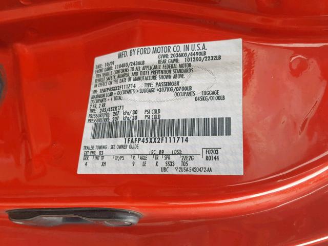 1FAFP45XX2F111714 - 2002 FORD MUSTANG GT RED photo 10