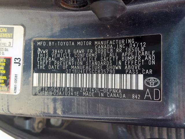 2T1BU4EE5CC835790 - 2012 TOYOTA COROLLA BASE  photo 10